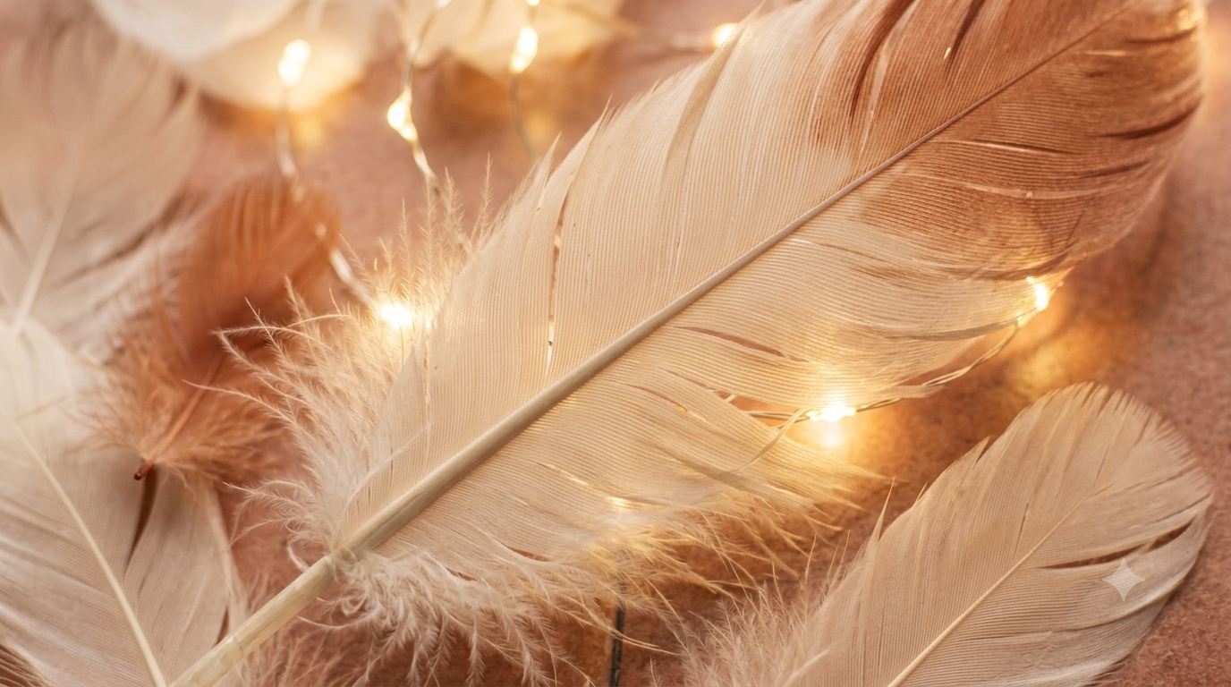 Plumas beige y doradas con brillo cálido, fondo suave y destellos luminosos entre plumas esponjosas.